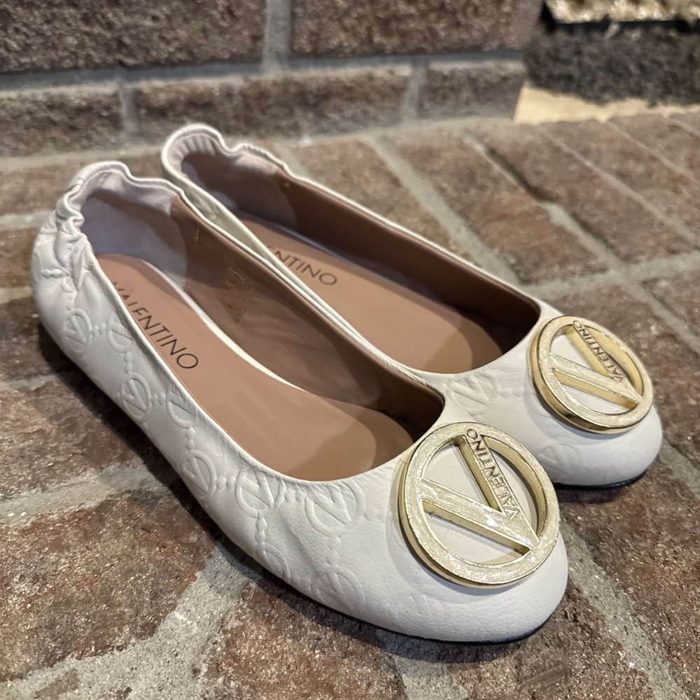 Valentino by Mario Valentino Calliope Monogram Leather Ballet Flats Cream Size 6